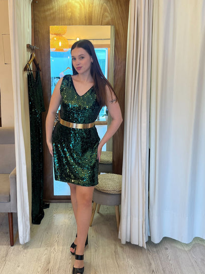 Vestido lentejuelas corto escote V